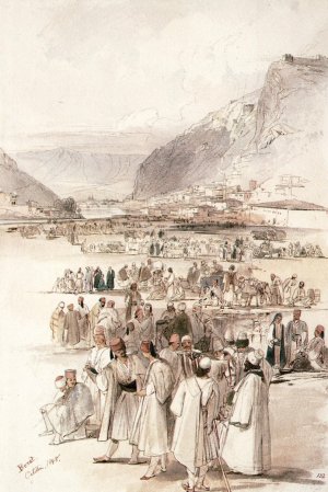 Costumes in Berat in central Albania, with the town in the background, 15 October 1848.jpg